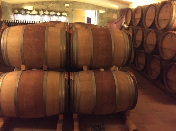 Smalll-batch wine aging in oak barrels at Celler Martin Faixo, a beautiful and historic local winery where we got a short tour and wine tasting.