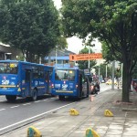 Some of the "Transmillenio" buses- the blue buses are smaller than the huge accordian-style red ones
