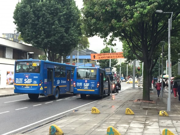Some of the "Transmillenio" buses I take to a class twice a week; the blue buses are smaller than the huge accordian-style red ones, which I take on a different day!