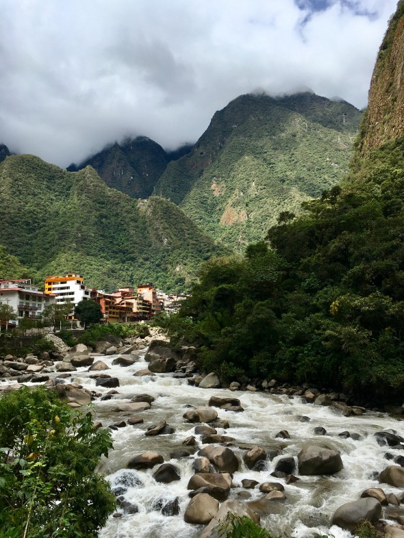 Looking back at Aguas Calientes along the river as you walk or bus away from the town and go toward Machu Picchu.