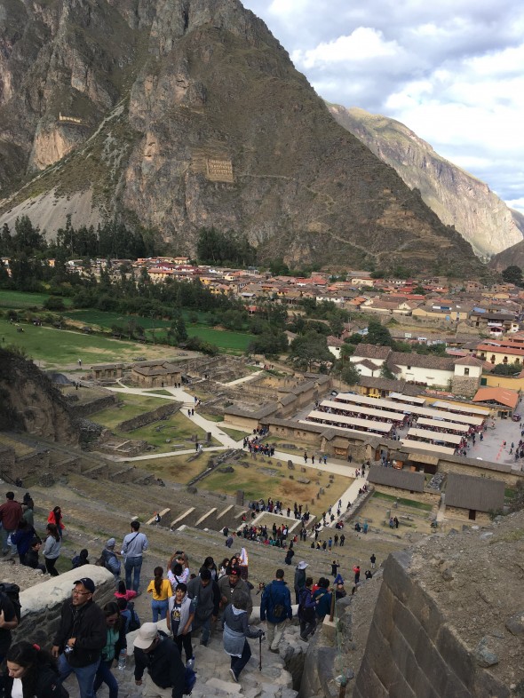 This view is from the ruins of Ollantaytambo, one of the Incan cities within the Sacred Valley that served as a main center for lodging & a stopping point between other Incan cities. You can see a view of "The Incan", the god-like profile created by lines in the rock, and a temple is built to the right of the face. I hiked to this point one of the mornings that I stayed in this town.